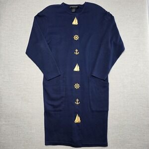 Vtg Andrea Jovine Navy Nautical Sailor Anchor Coastal New England Midi Dress L